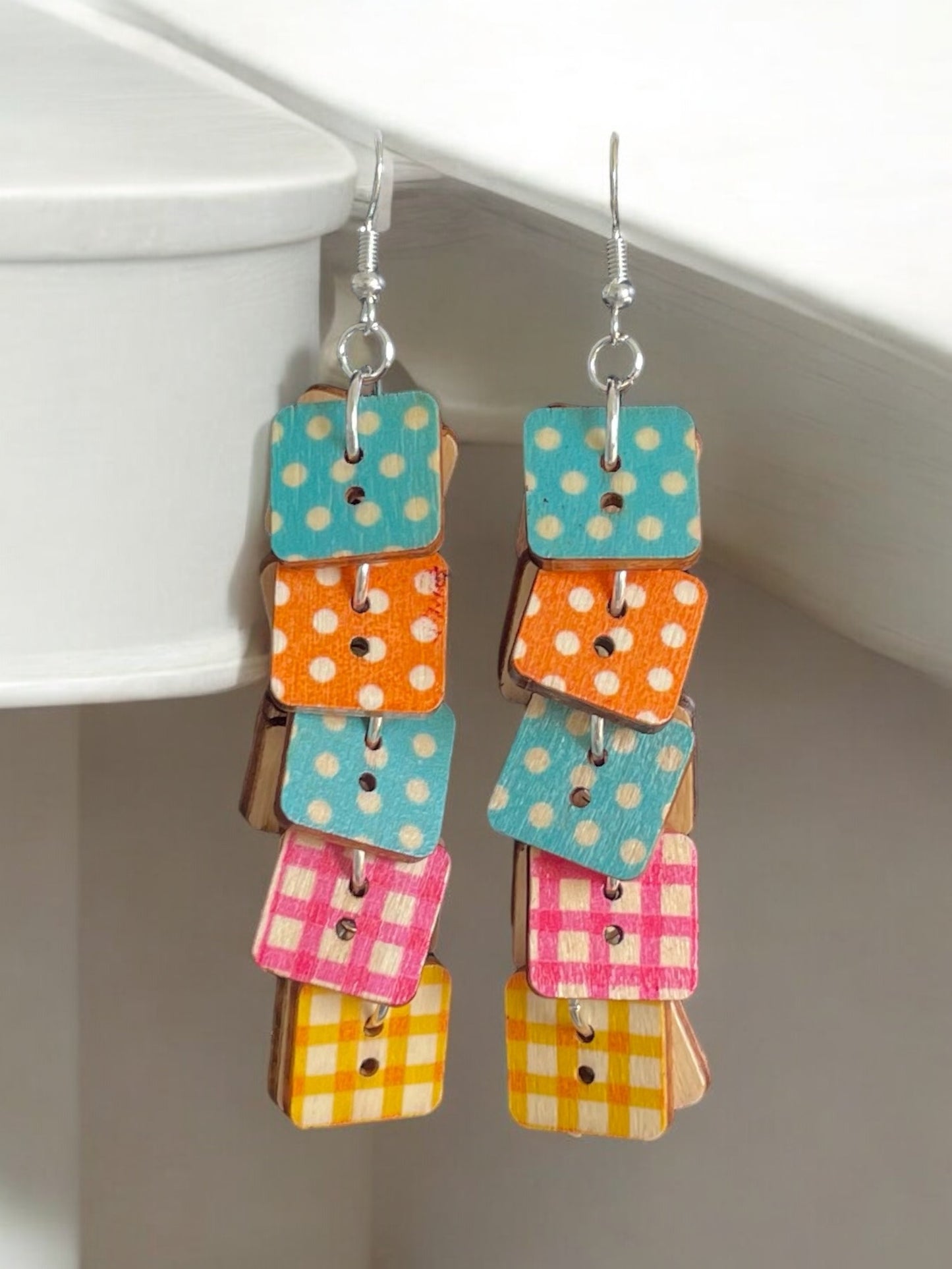 A square shape wooden button earring